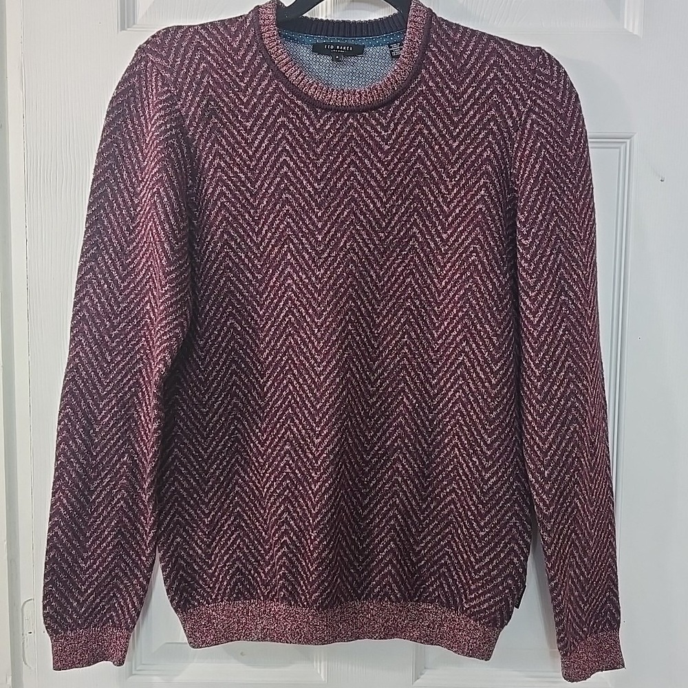 Ted Baker Crewneck Knit Sweater in Red  Chevron Geometric Men's Size 2 Small‎
